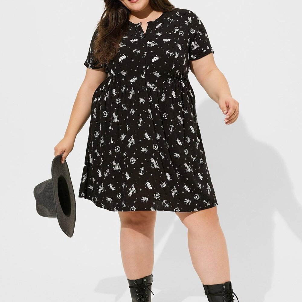 torrid Mini Rayon Slub Button Front Fit N Flare Dress black sailor tattoo dress